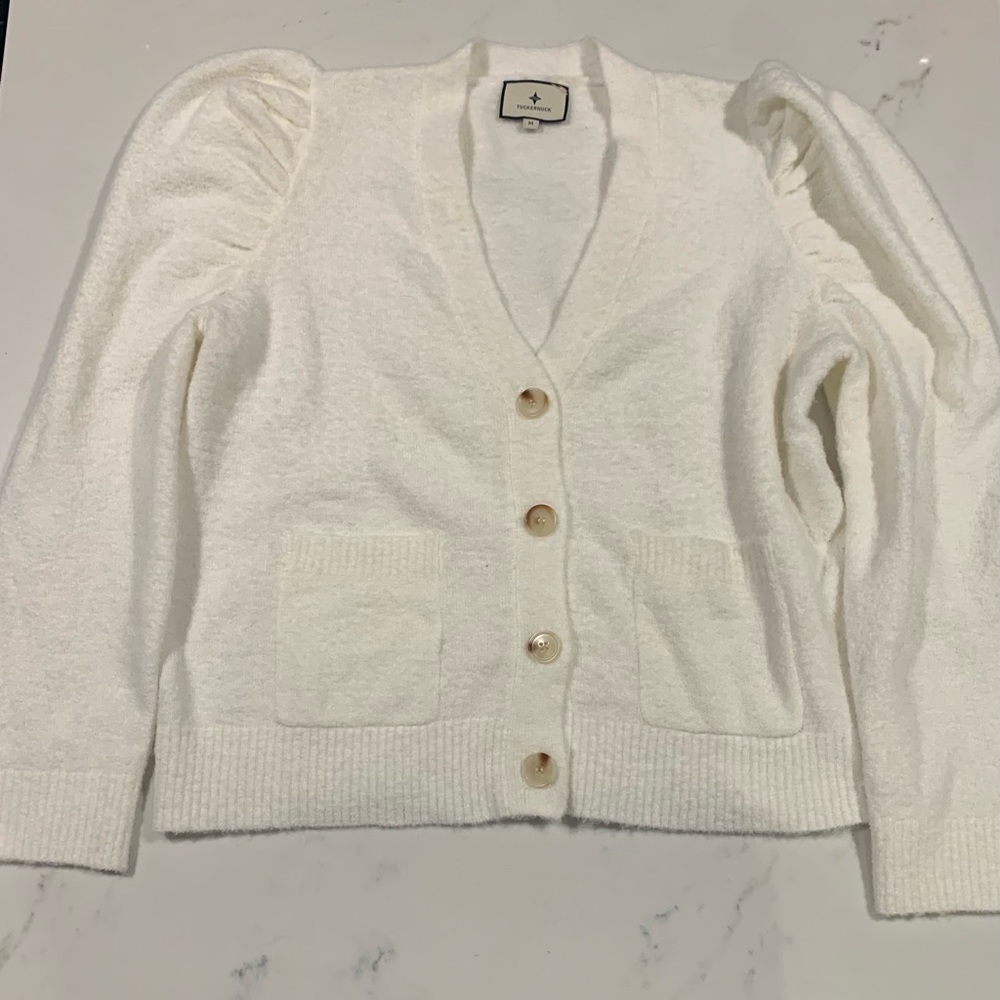 Tuckernuck cream cardigan with puff shoulders